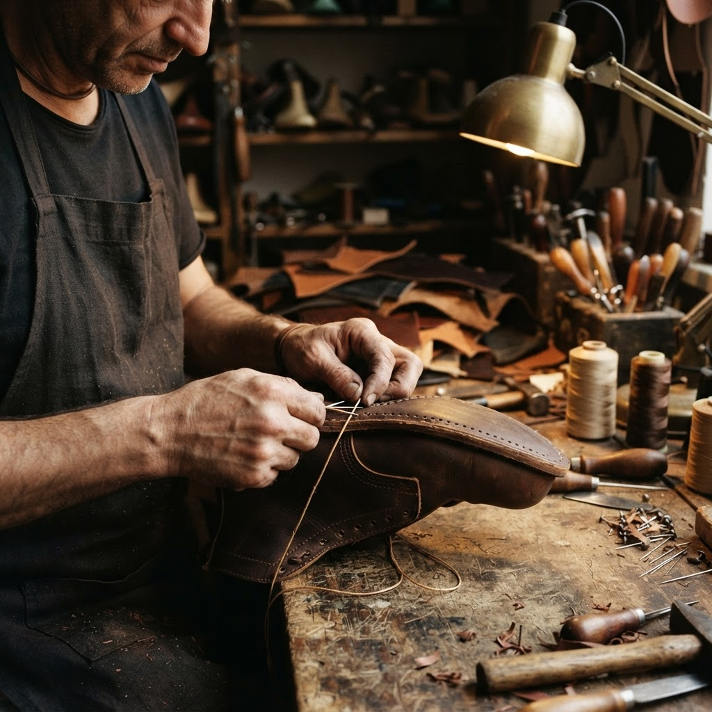 An artisan stitching leather footwear by hand