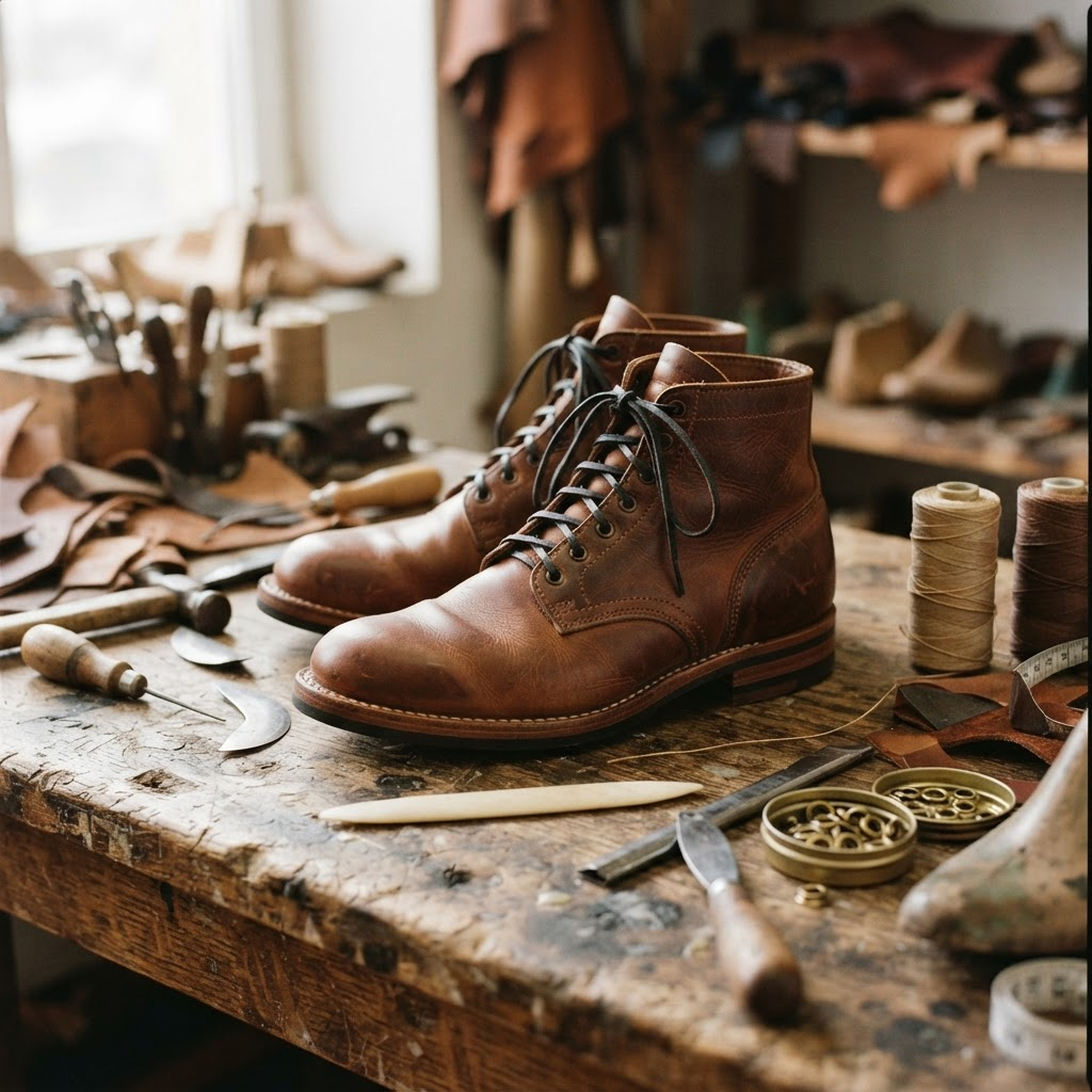 Handcrafted leather shoes on a workbench