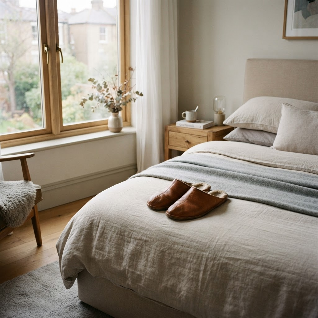 Leather house slippers on a bed